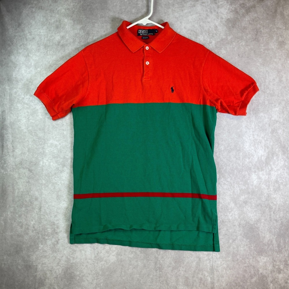VINTAGE Polo Ralph Lauren Polo Shirt Mens Large Green Striped Retro USA Made